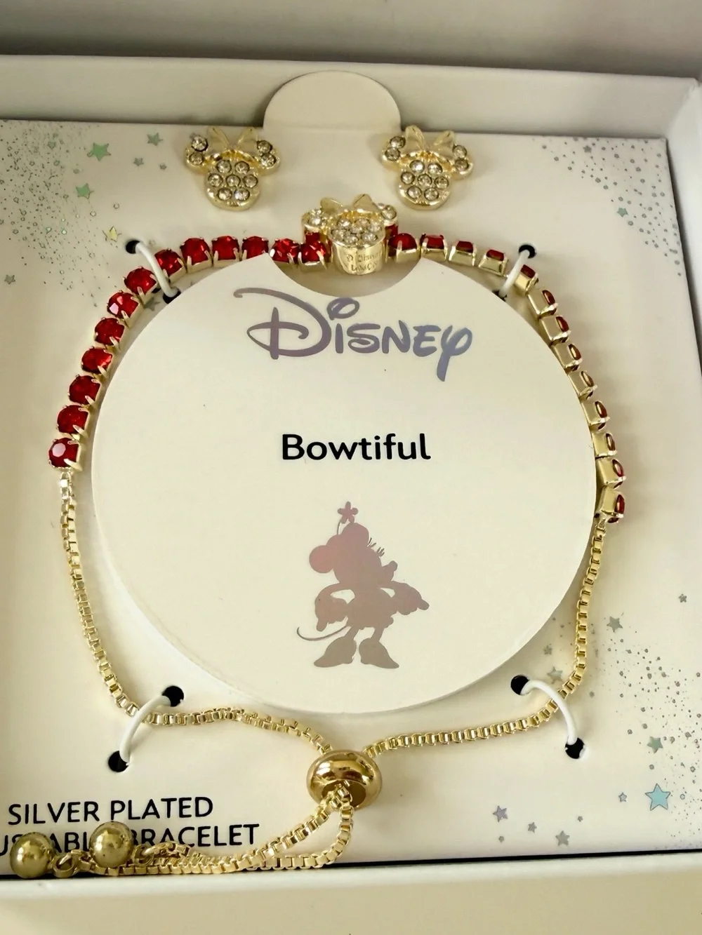 Disney fine silver plated adjustable bracelet Red Crystal accents & Stud Earring